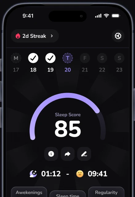 Sleepy Sheepy app showing a Sleep Score of 85, a weekly day selector, and sleep timing